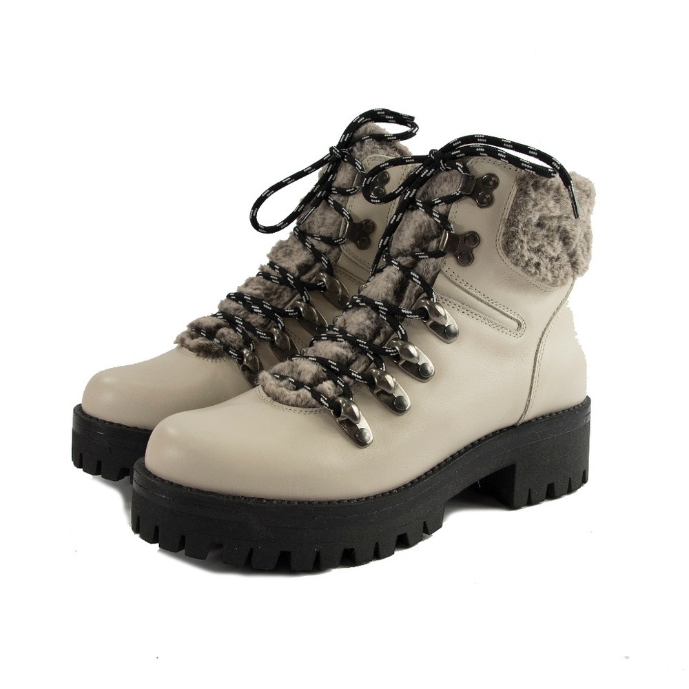 Maiden Lane Ivory Leather Marbut Faux Fur Boots 39